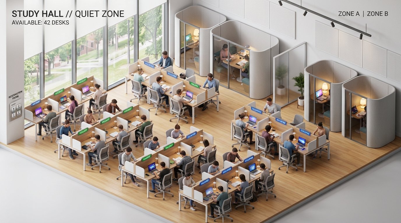 Modern Study Hall Layout Architecture with Individual Desks and Carrels